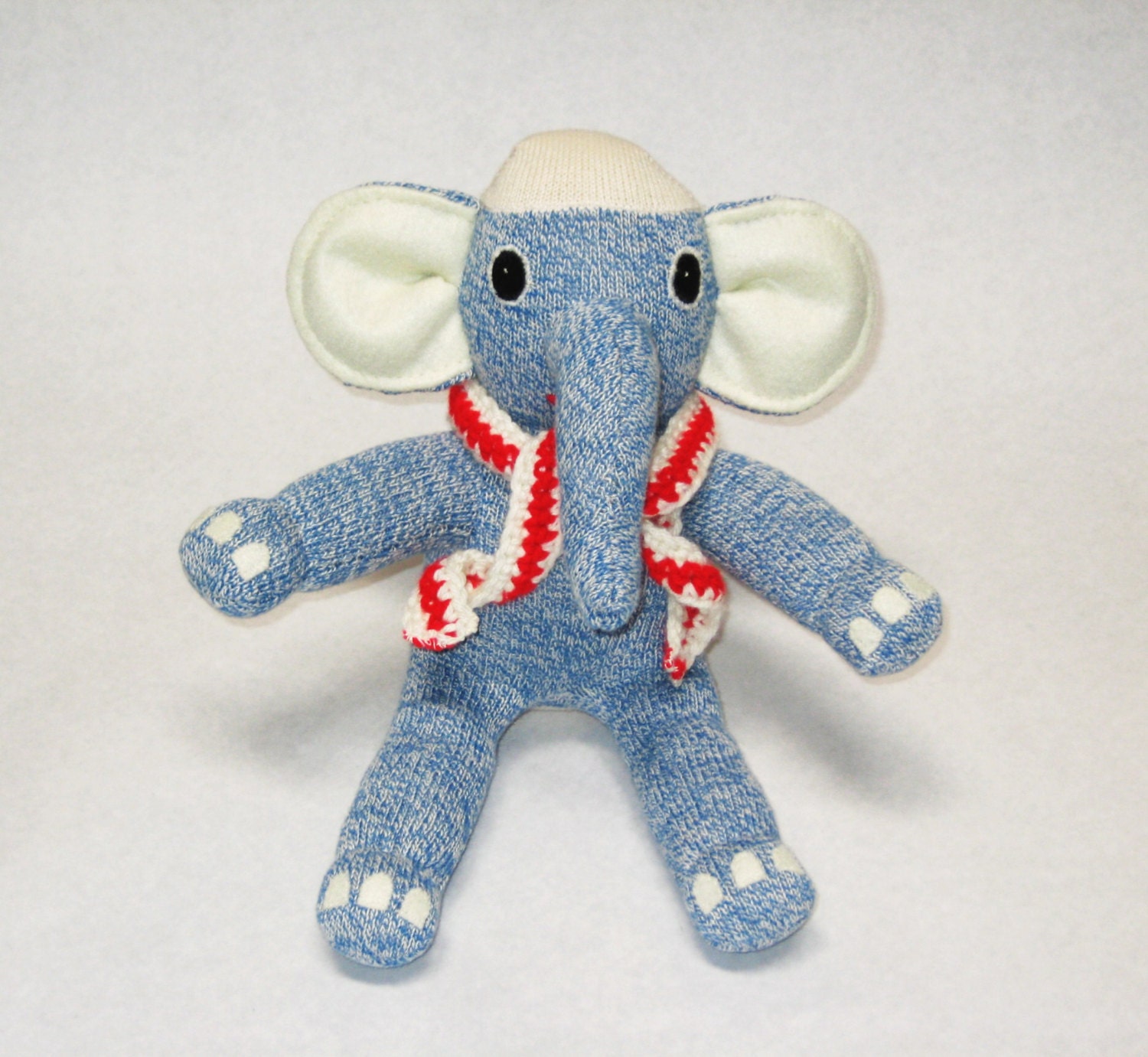Stuffed blue elephant Fabio Rockford Red Heel sock monkey felt stuffed toy Red Heel crocheted scarf boy girl baby shower gift