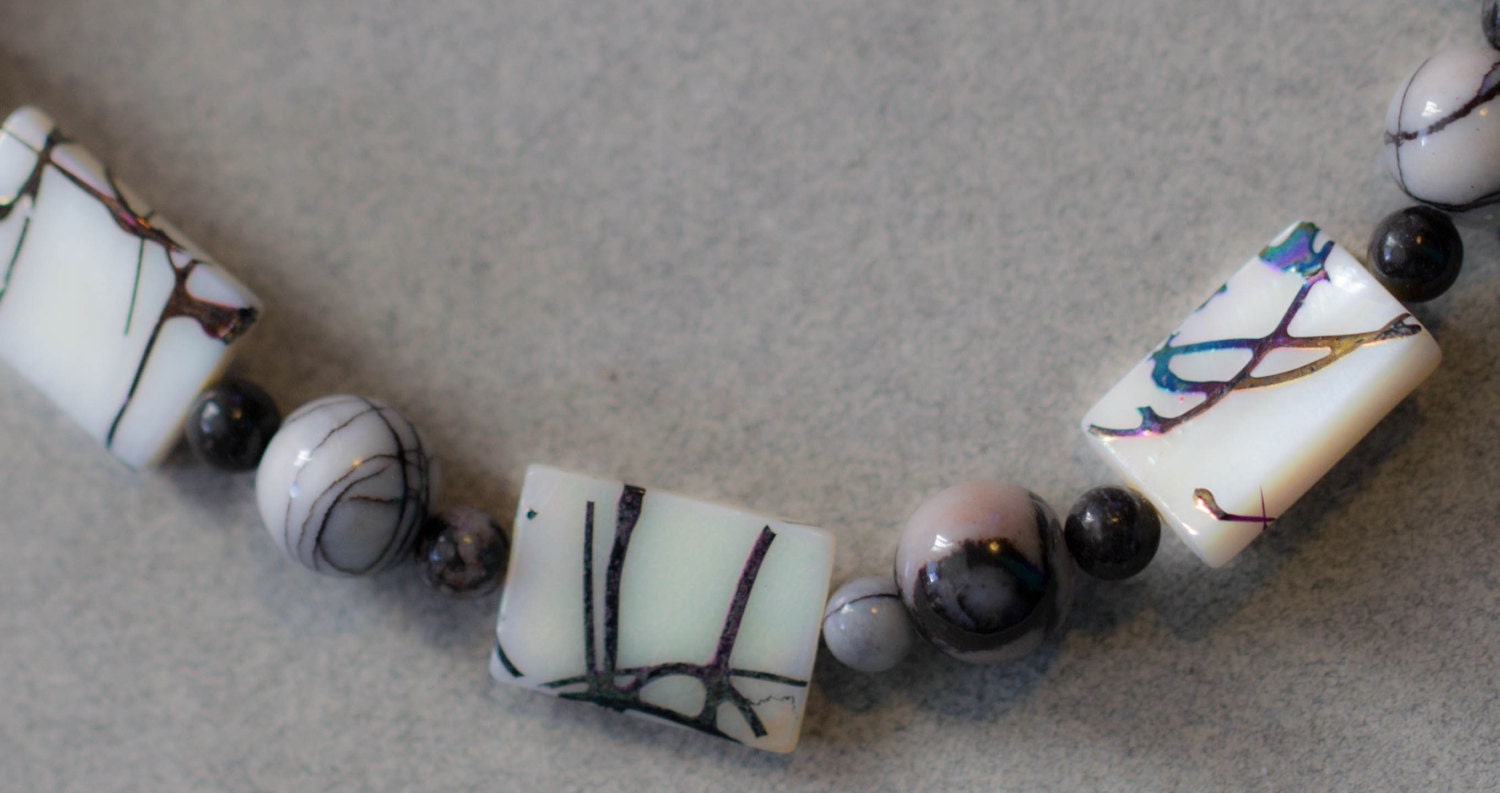 Black and White Drizzle: Marble, Jasper and Mother of Pearl Choker-Length Beaded Necklace