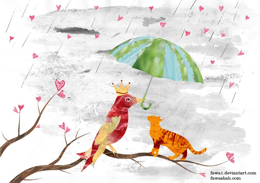 Love Storm Archival Print, 10x8 Digital Illustration Art, Unique Children Kids Wall Decor, Red bird and Orange cat uk