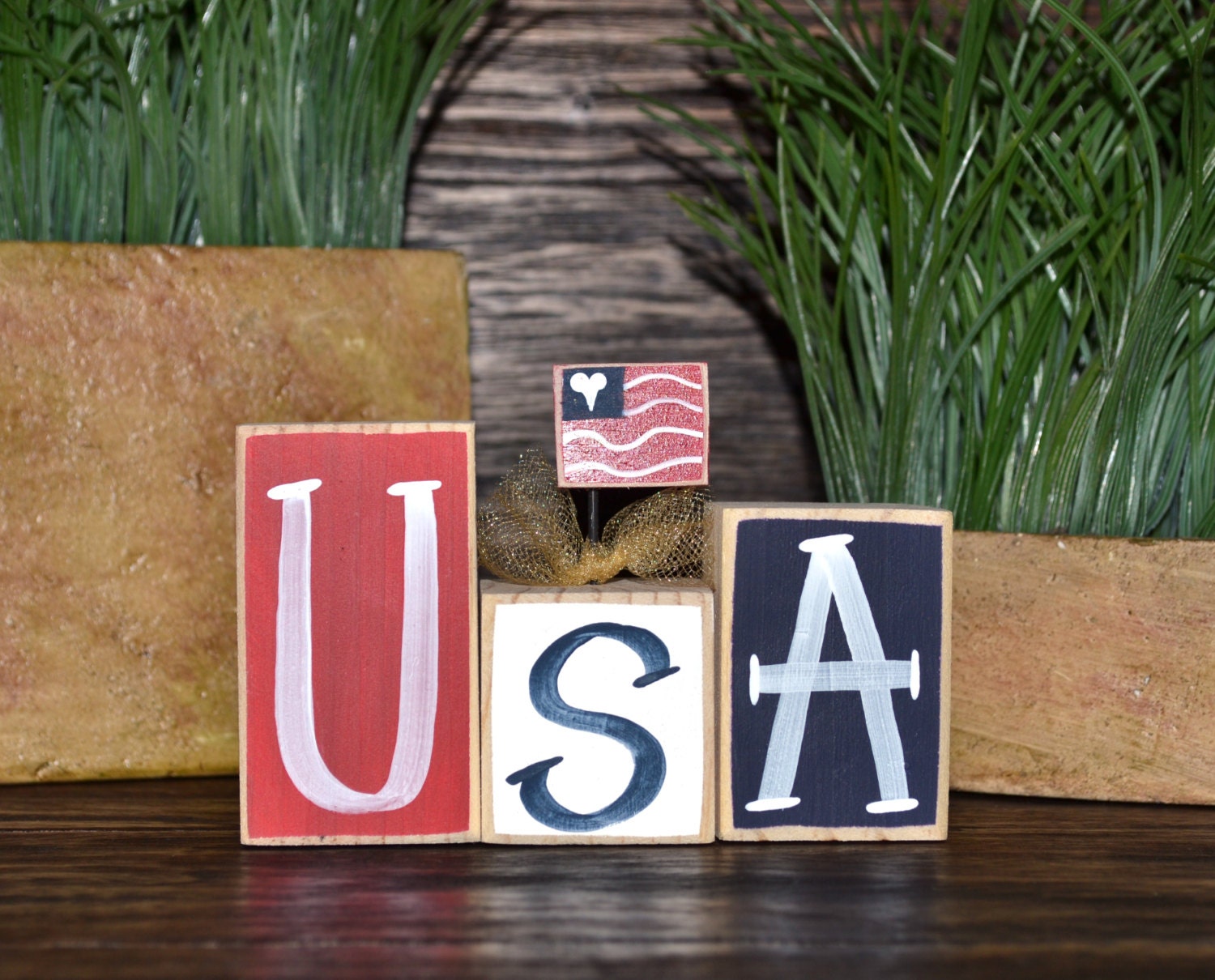 USA 4th of July Decor Patriotic Wood Block Set Independence Day Presidents Day Flag Americana Gift Military Mom Freedom Marines Army Navy - BlocksOfLove1
