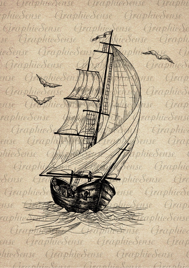 Old Sailing Ship and Seagulls Printable Graphics by GraphicSense