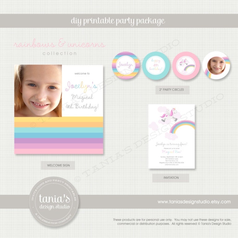 Rainbows and Unicorns Printable Birthday Party Package by tania's design studio