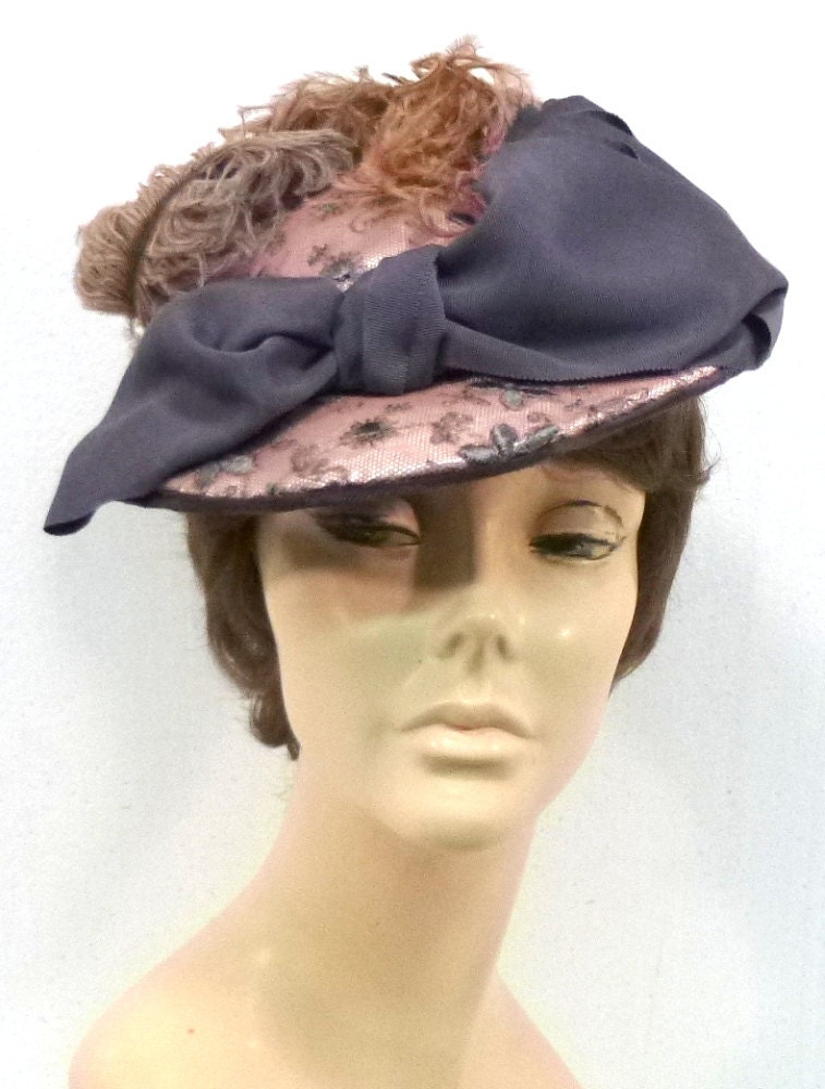 Vintage inspired Silver Gray Satin & Embroidered Net Hat