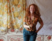 Vintage Women's 1960s Medium Floral Secretary Blouse // Ladies 60s Chocolate and Orange-Red and Olive Scarf-Tie Shirt // Made in Canada