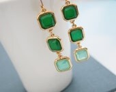 Sale Gold-Plated Emerald Green and Mint Green Stone Square Dangle Earrings Drop Earrings Statement Jewelry