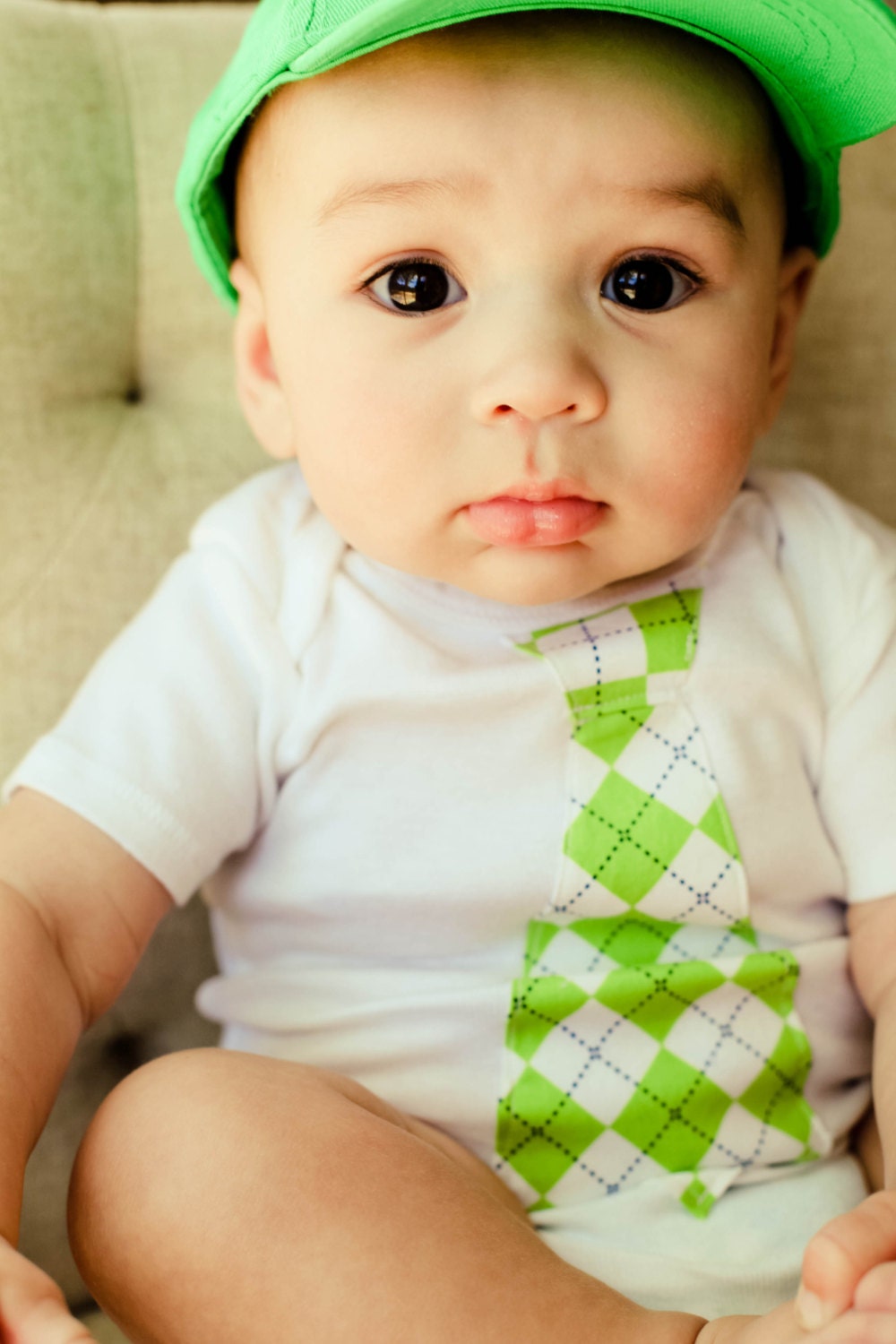 Baby Boy Tie Onesie Bodysuit - Green and White Argyle - Spring, Summer, Childrens Fashion, Boy Baby Shower Gift