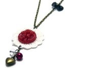 Red vintage style doily necklace, resin flower, heart charm, red pearl, bow, lace, romantic necklace