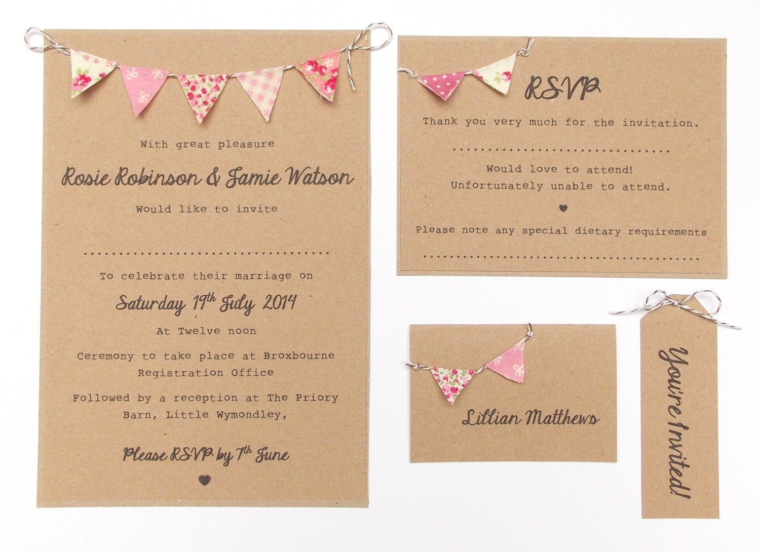 Custom Listing for Ebony - Bunting Summer Fete Wedding Invitations 60 x full set