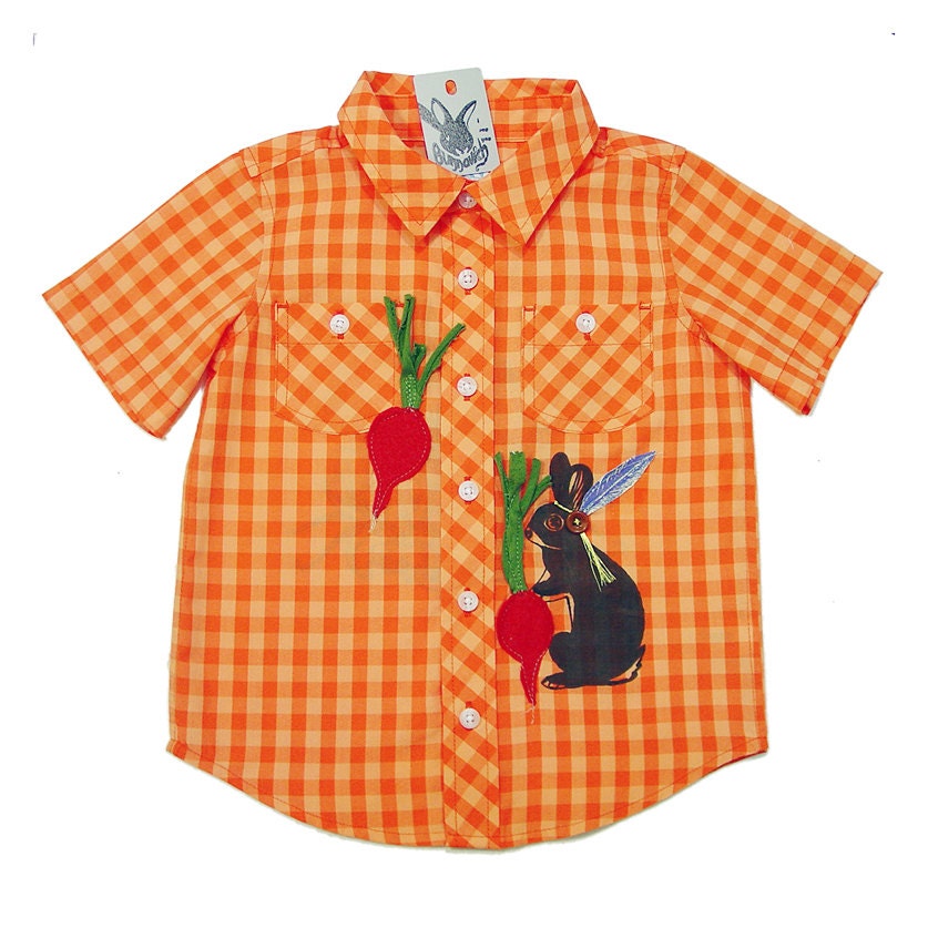 Bunnavich the Rabbit with Radishes boys shirt - checkered orange cotton short sleeve shirt - size 3T / toddler 3 years