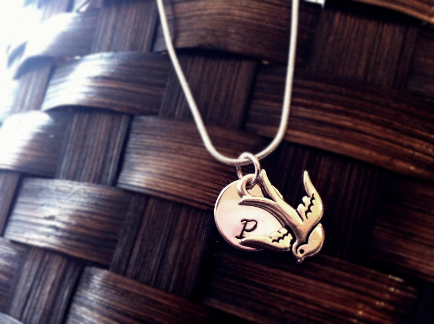 Initial necklace with silver flying Bird charm,Hand Stamped/Personalized Custom Jewelry