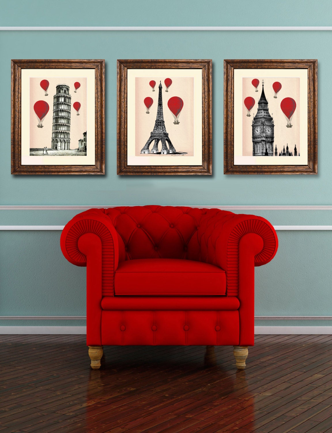 Red Hot Air Balloons 14x11: 3 Art Prints Paris London Pisa Illustration Drawing Poster Digital Print Wall Art Wall Décor Wall Hanging