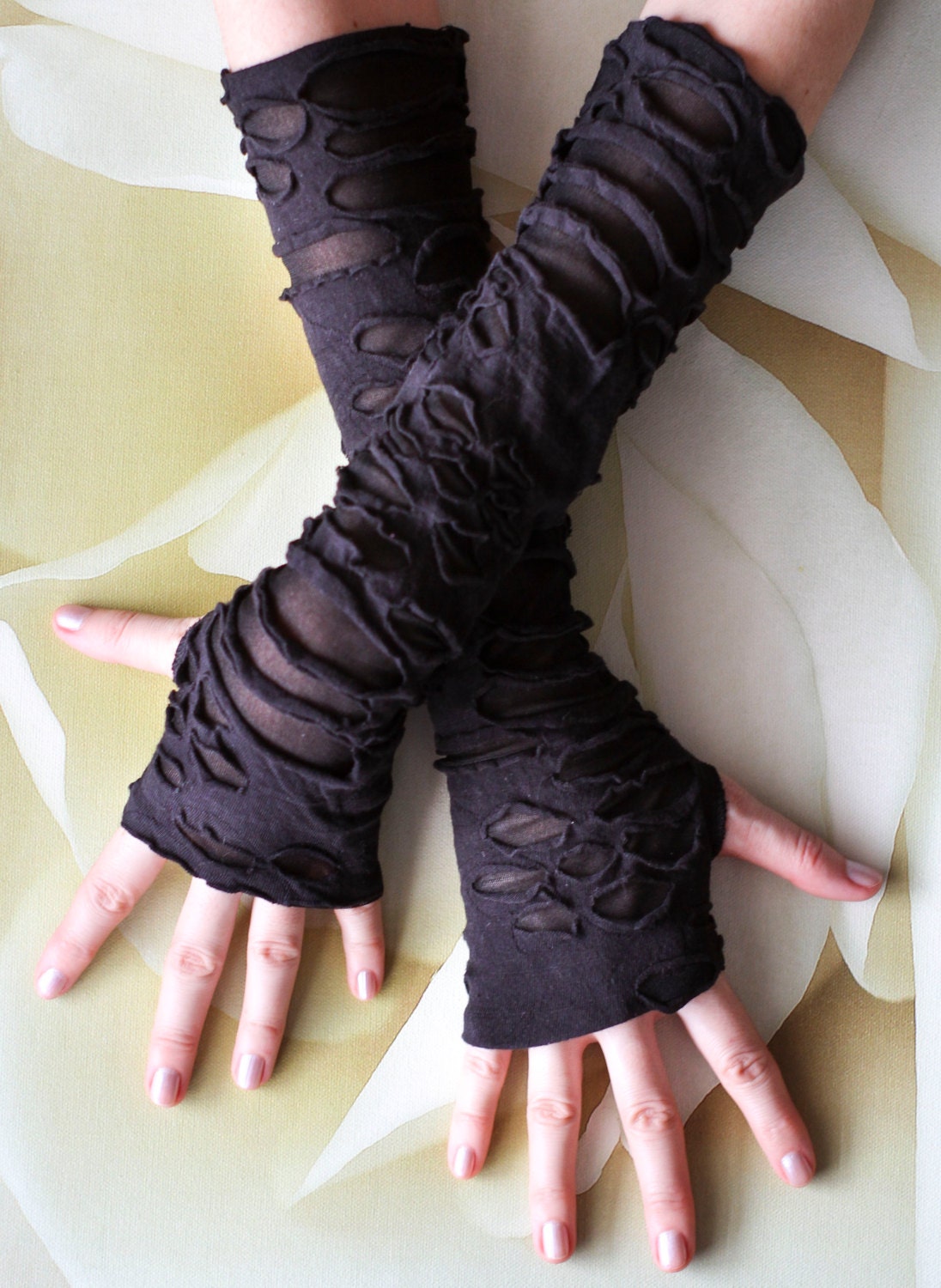 Arm Warmers Long Walking Dead Ripped and Torn Black Zombie Skin Fingerless Gloves , Cotton Knit Gloves