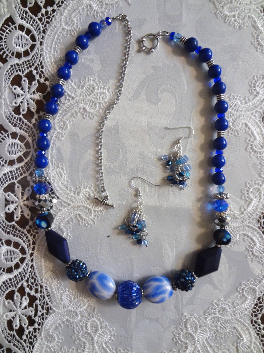 Handmade Blue  statement  necklace with dangle earrings,bead statement necklace,blue beaded necklace, Beadwork necklaces, Gifts for Her