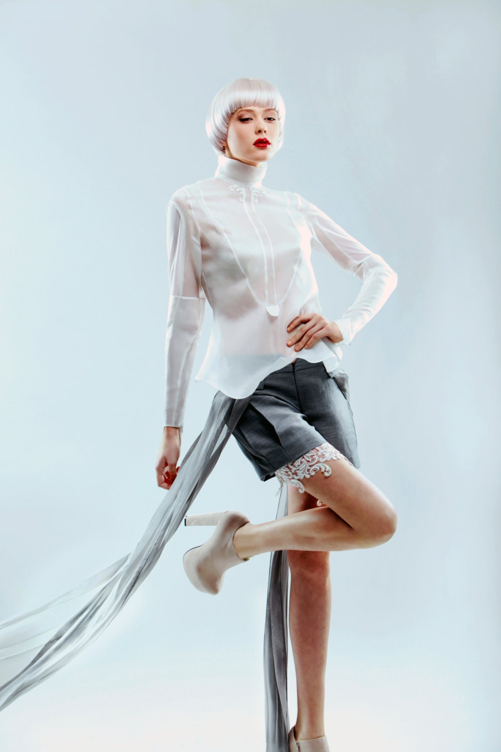 CUSTOM MADE / Pearl white sheer silk organza blouse