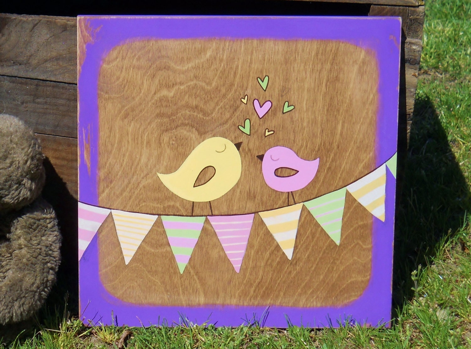 BIRDS WITH BUNTING, Painting on wood, Shabby chic, Nursery Art, Girls wall art, Nursery Decor, Kids room art