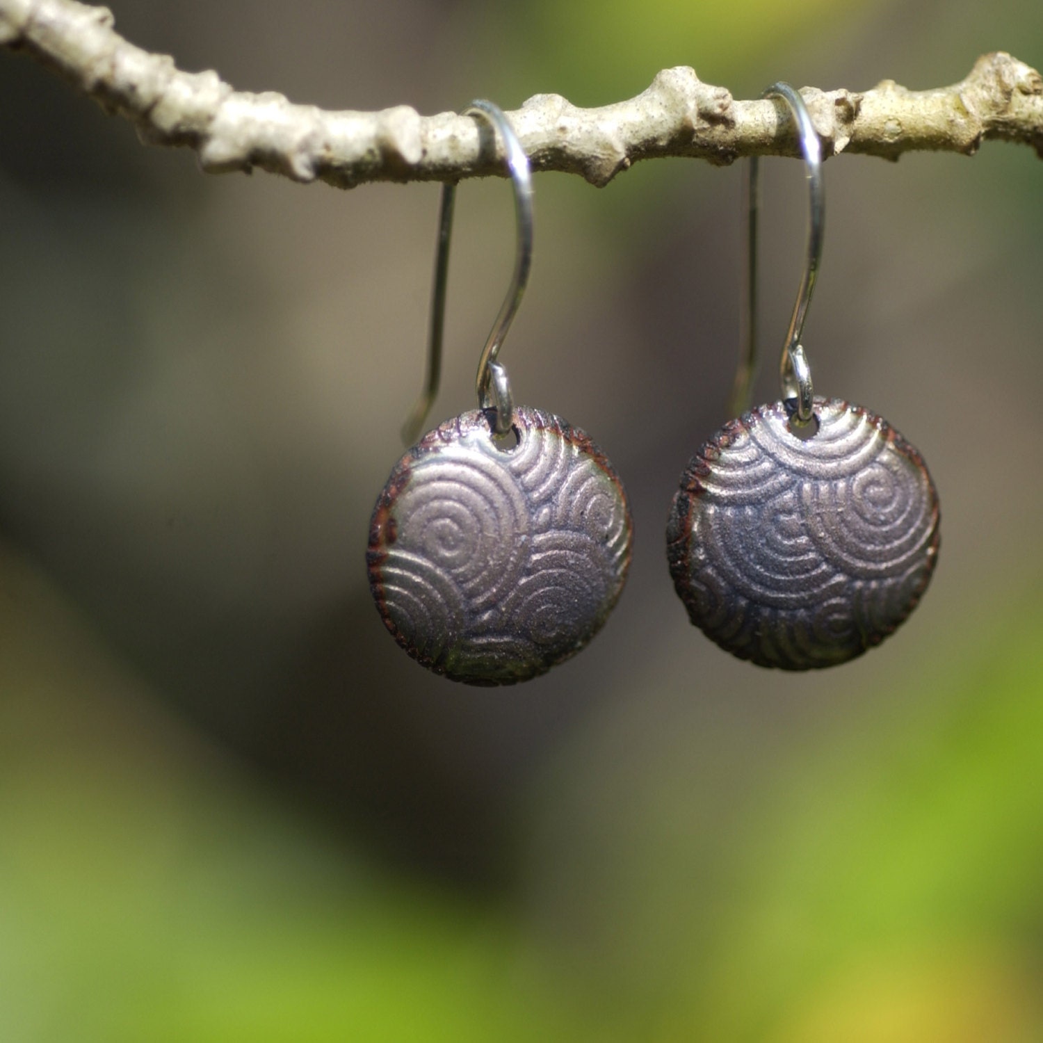 Copper Enamel Earrings Spirals in Lavender Purple, simple round dangle earrings