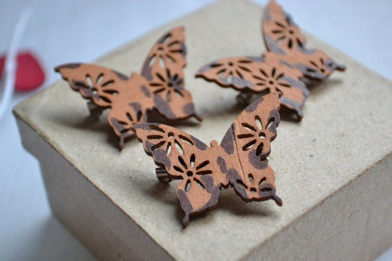 Wooden Butterfly Brooch - Beautiful Butterfly Brooch with Flower Detail