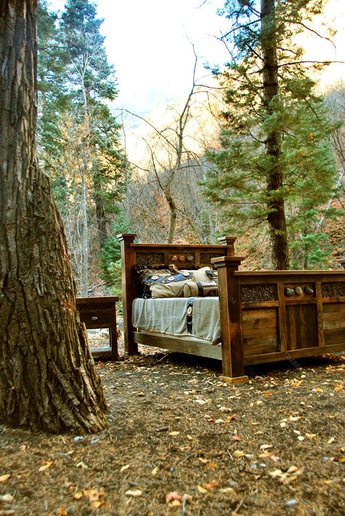 Solid Reclaimed Wood & Rock Rustic Bed    -    USA Made, Eco Friendly. Includes Headboard, Footboard and Rails. One in stock.