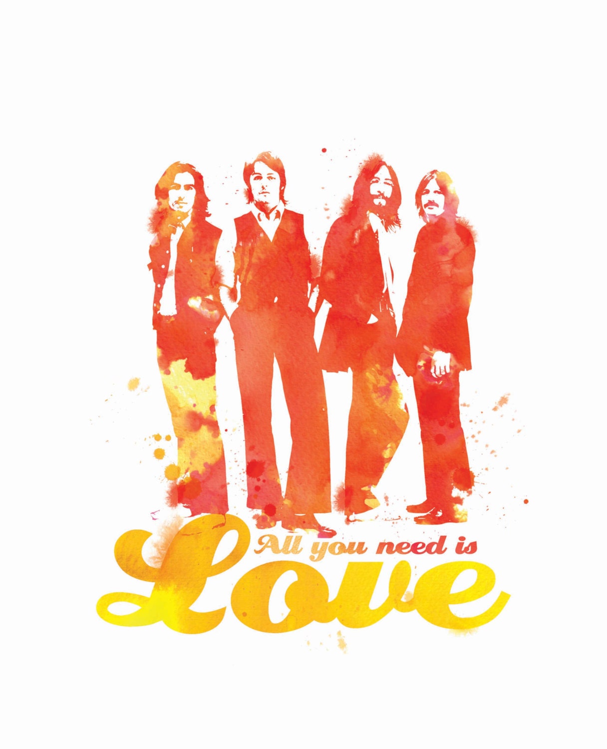 All you need is Love, A3, digital, print, art, poster, water color, ink, hand made, The Beatles, rock music, retro, hippie, British