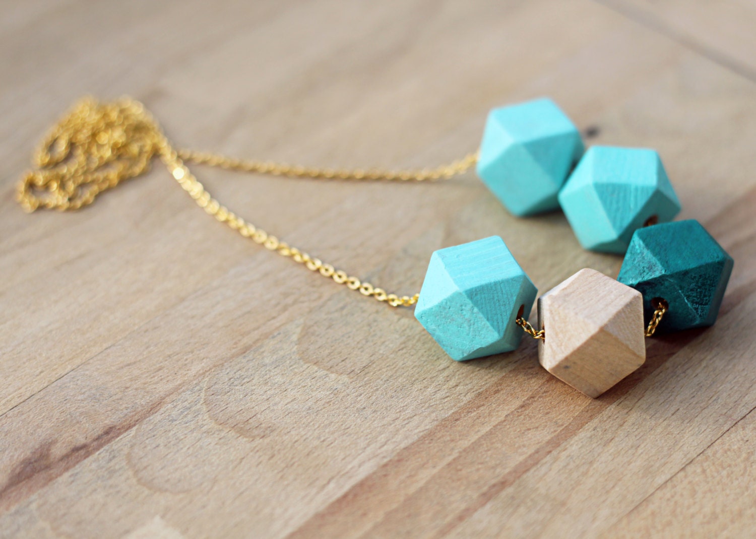 Geometric elements: minimalist necklace in mint, natural wood and jade green/ wooden necklace/ ombre necklace/ color block