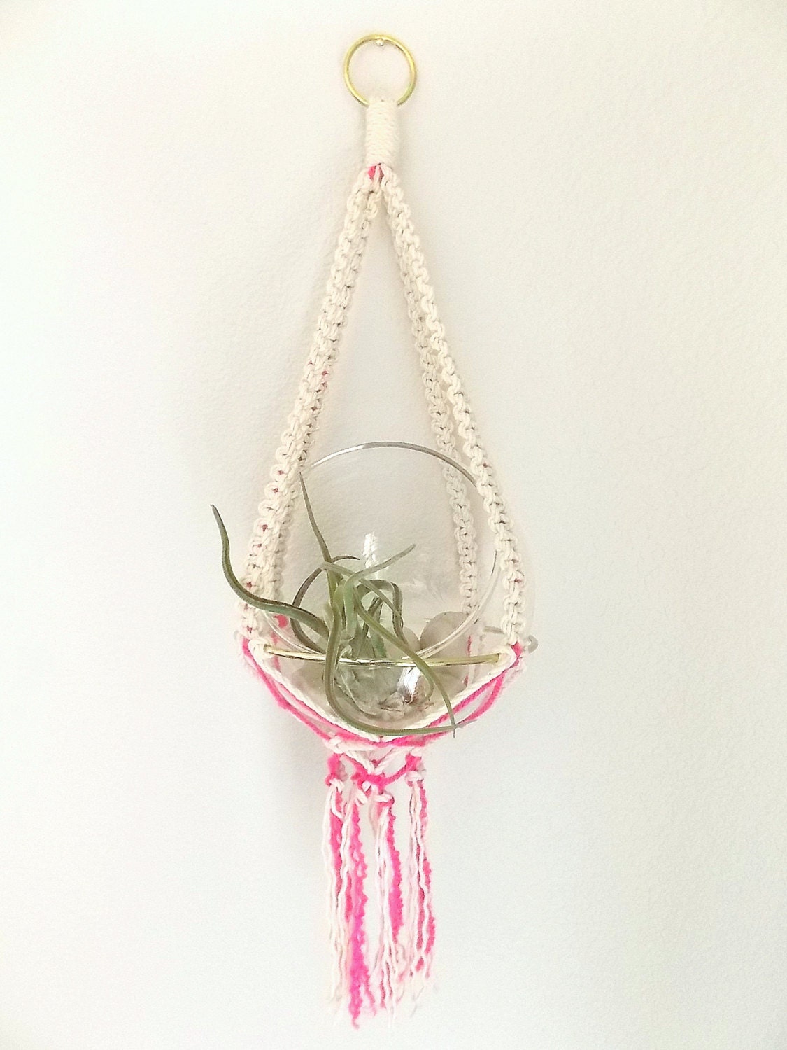 20"  Modern Macrame Plant/Terrarium Hanger by Himo Art, Ivory and Pink, One of a kind Handmade Simple Home Decor Hanging