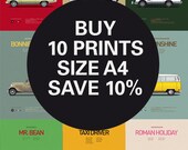 Discount Set - Movie posters - Any 10 Prints A4 - Save 10% - Size A4 - Carsandfilms