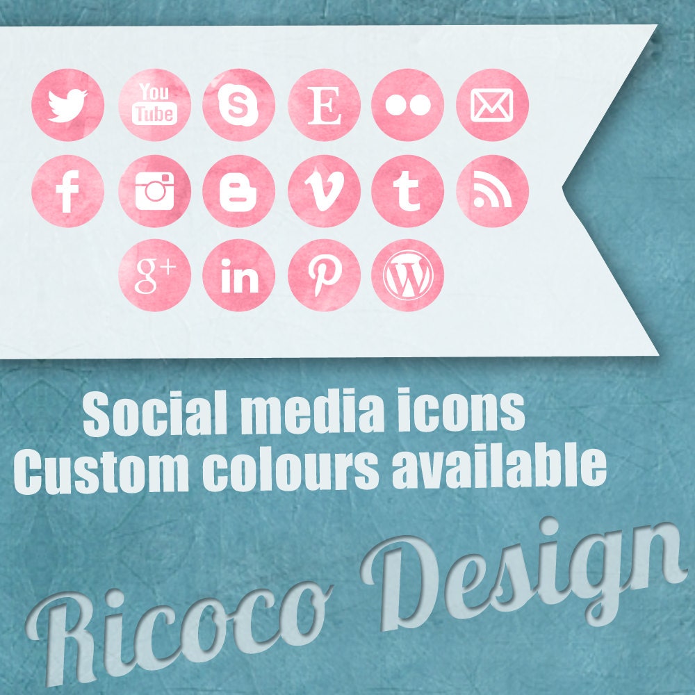 Watercolor SOCIAL MEDIA ICONS - 16 social media buttons in 3 sizes includes Facebook, Twitter, YouTube, Pinterest, Wordpress and more