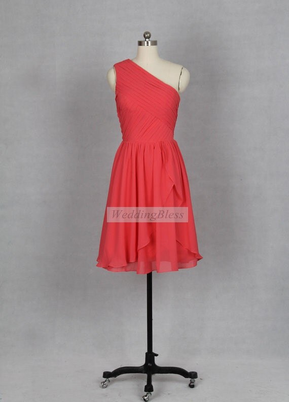 New Coral Bridesmaid Dress One Shoulder Knee Length Dress