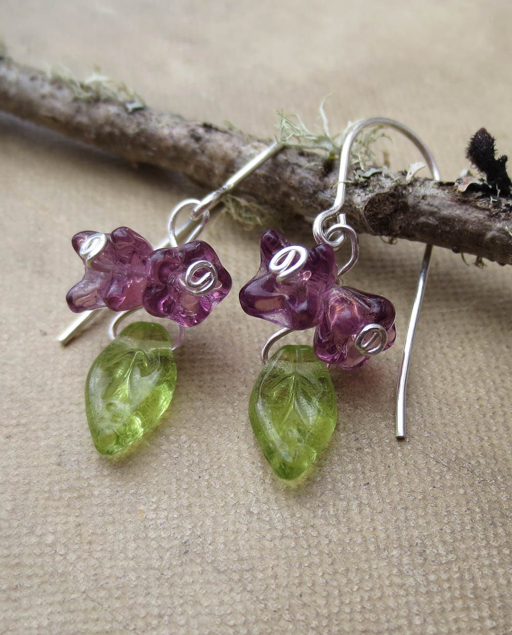 Little Lilac Cluster Purple Glass Flower Earrings - Dangle Earrings, Czech Glass Beads Silver Wire Wrapped Dangle - Flower Girl Jewelry