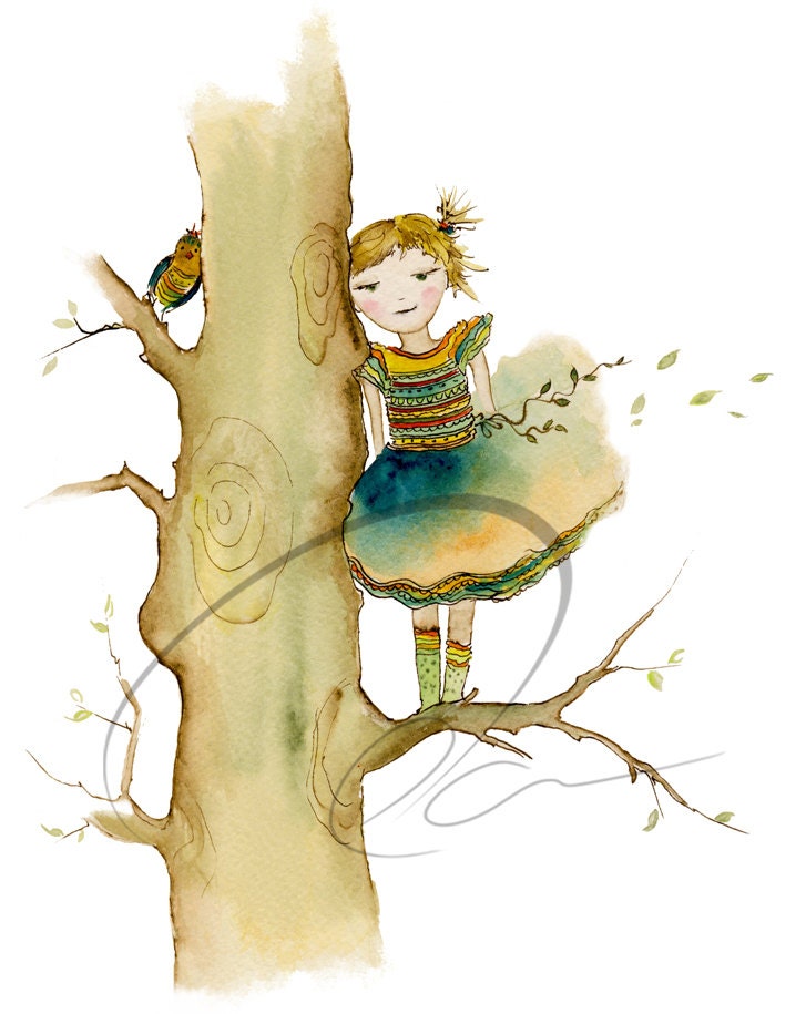 Shared Secret - nursery art print girl's room little girl shower gift climbing tree hug whisper bird red watercolor painting Oladesign 11x14
