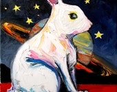Oil painting surreal rabbit in space art by Aja - A Long Way From Home 8x10 inches