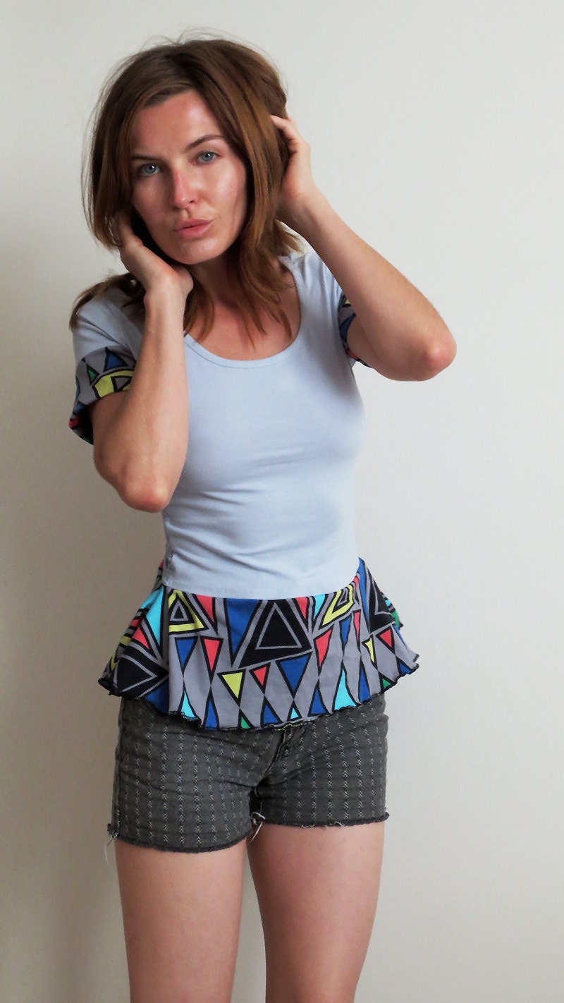SALE Holly Peplum Blouse stretch Spicy Toast small medium triangle blue