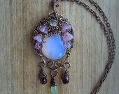 Vines and Pink Flowers Rustic Once Upon a Time Necklace-Opalite Crystals Teardrop Dangles