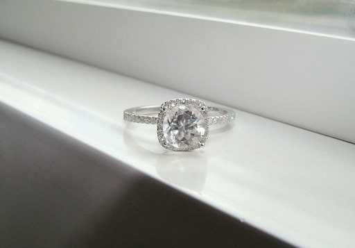 Halo White Sapphire Diamond Ring Gemstone Engagement Ring Custom Cushion Round Halo Setting 14K White Gold size