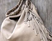 Slouchy Leather Fringe Bag in Taupe Stone Gray Suede by Stacy Leigh