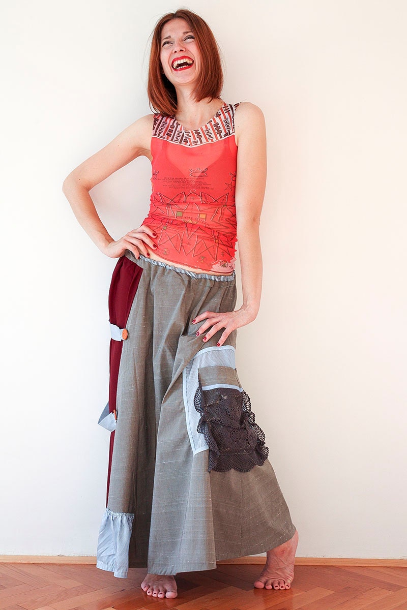 Ecru and Burgundy Long Skirt - Reserved