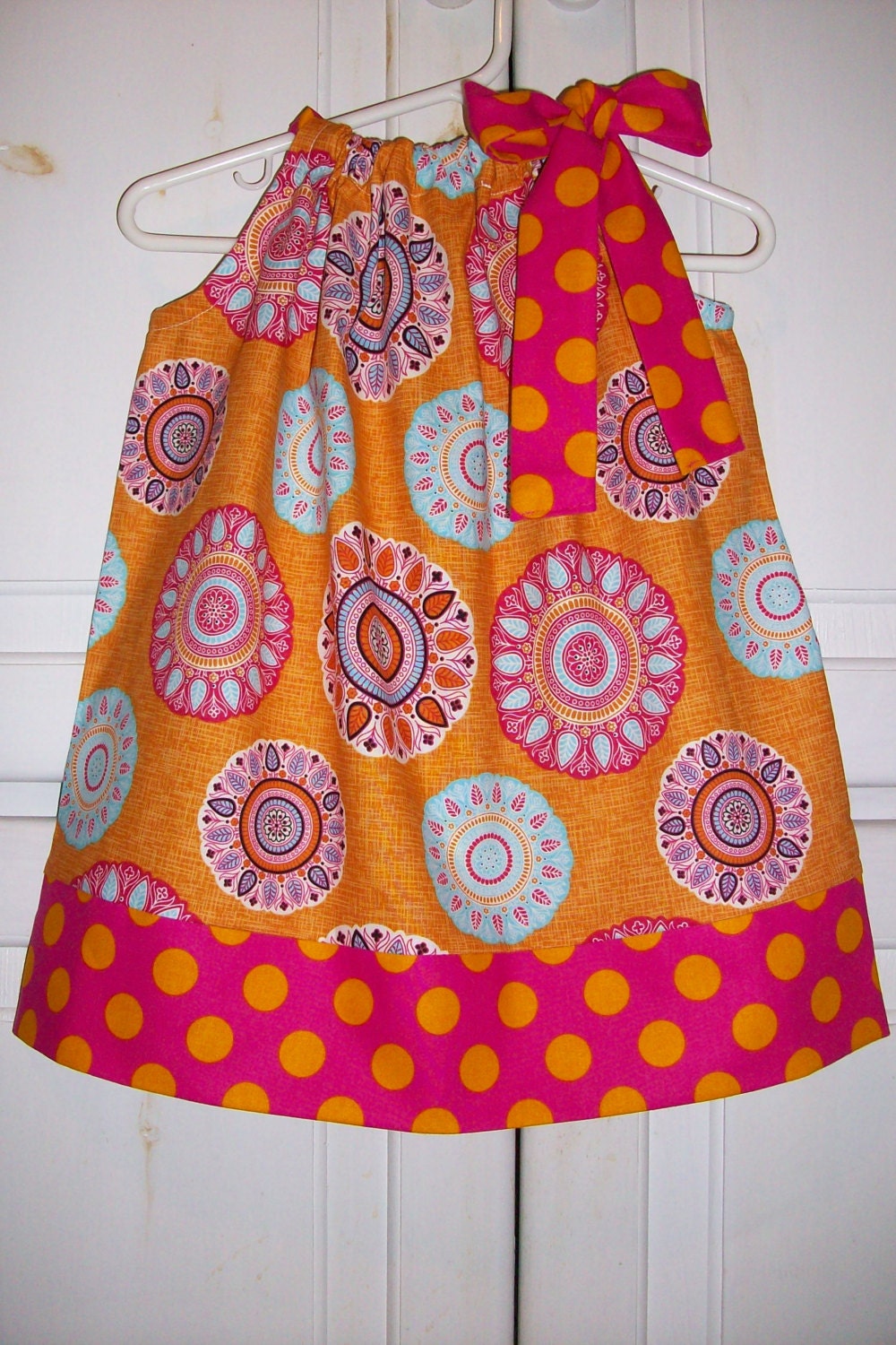 Pillowcase Dress Summer Medallions Orange Hot Pink Dots baby toddler girl