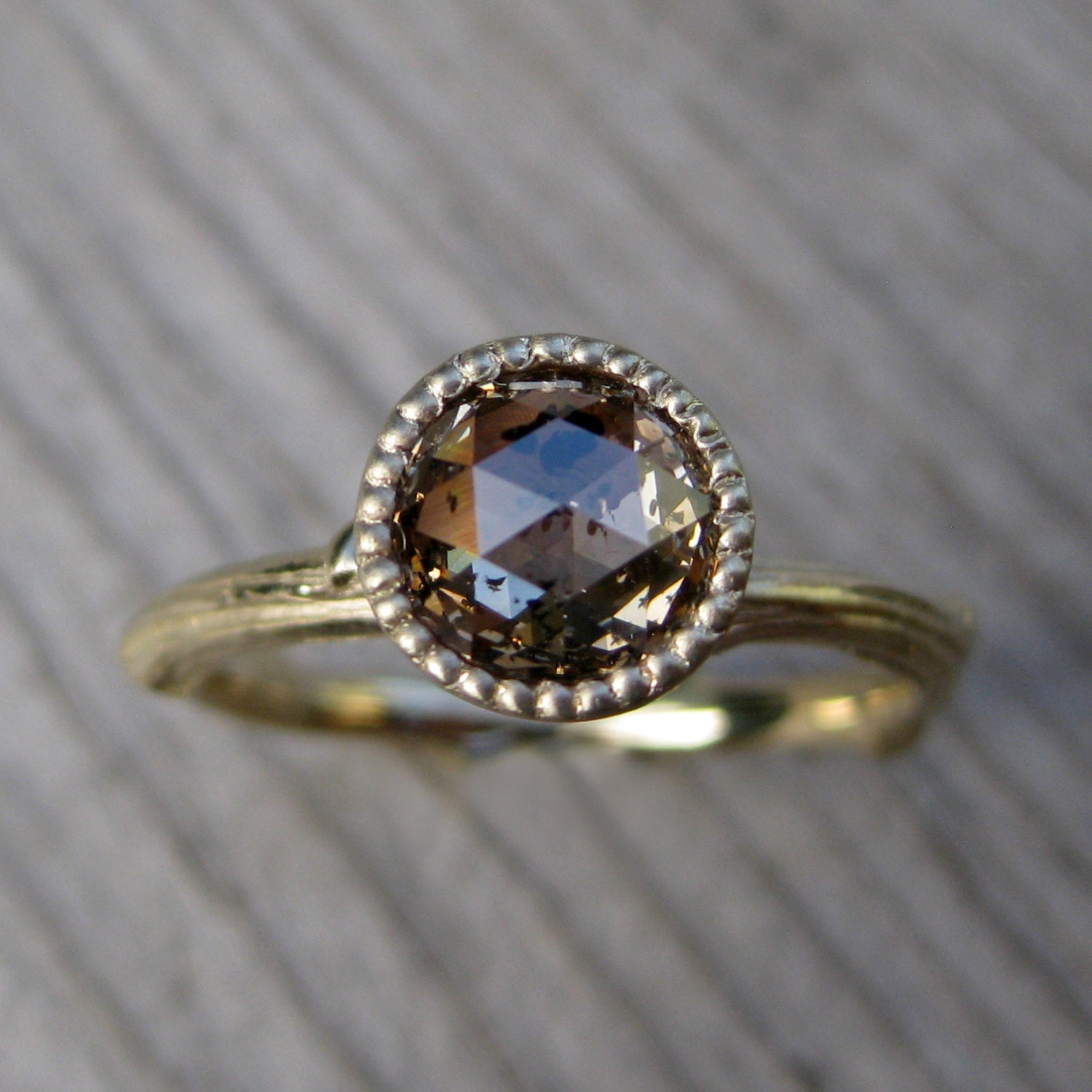 Rose Cut Diamond Twig Engagement Ring - Yellow Gold - Champagne Peach - Beaded Bezel