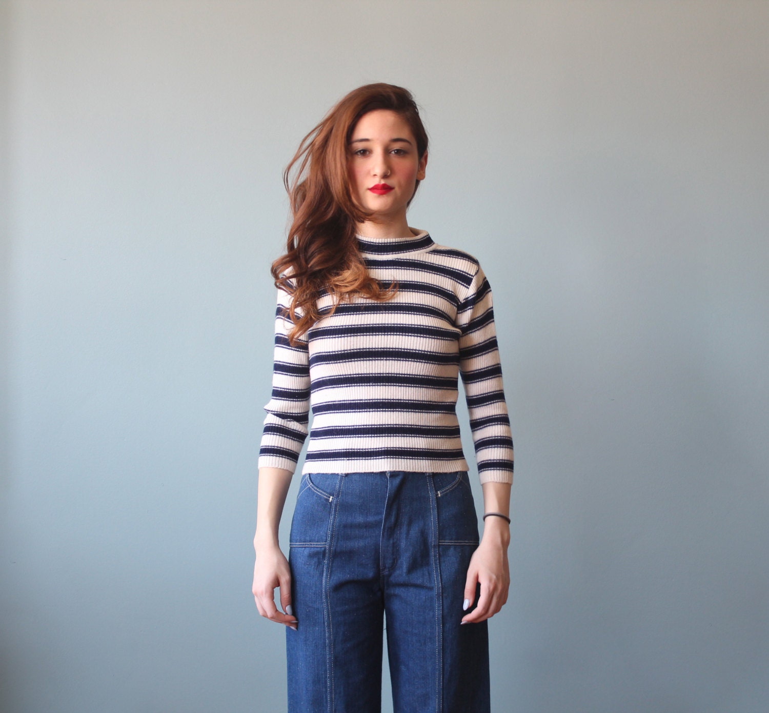 stripe mock turtleneck / 60s nautical stripes / navy white top (xs)