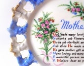 Mother Plate Blue Gold White Reticulated Porcelain Border Mother Poem Poetry Pink Flower Bouquet