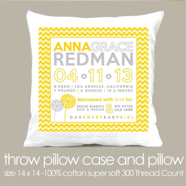 Birth announcement pillow new baby gift custom chevron yellow and gray throw pillow