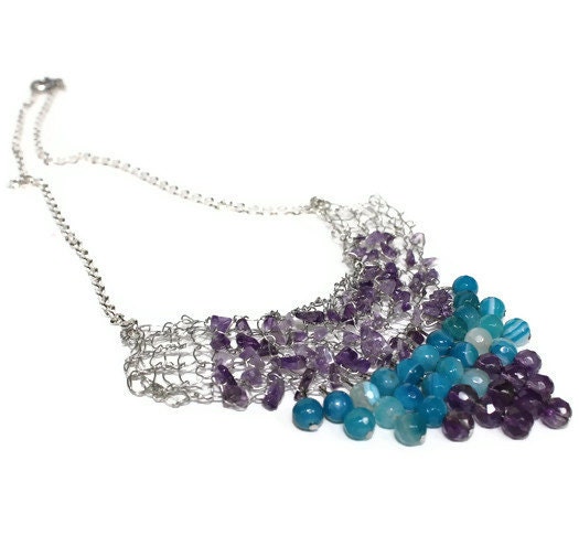 Knitted Necklace, Amethyst Silver Bib Necklace Hand Knit, Artisan Jewelry