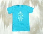 large screenprinted tshirt keep calm and carry on turquoise american apparel shirt plus size white typography british crown spring fashion