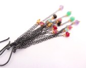 Confetti Earrings rainbow gemstones with oxidized sterling silver and gold black jewelry shoulder length earrings handmade jewelry