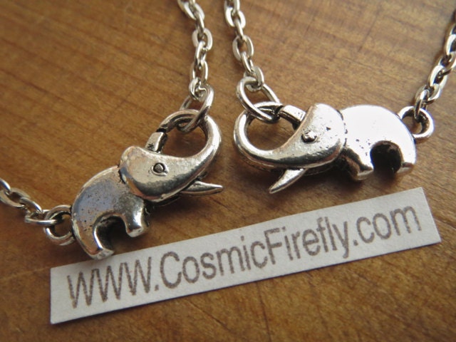 Tiny Silver Elephant Necklace & Elephant Bracelet Set Of 2 Silver Tone Fashion Jewelry Clasp Trunk Up For Good Luck By Cosmic Firefly New