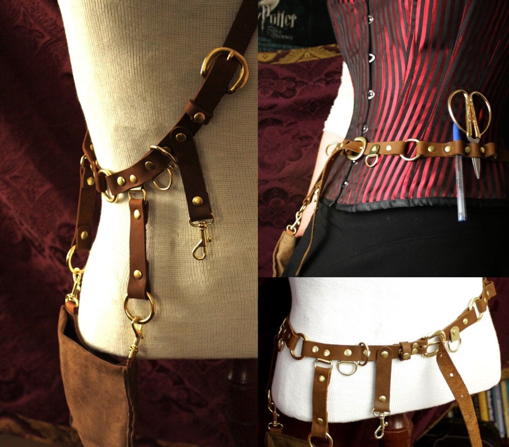 Steampunk Belt Bandolier w/ pocket pouch, Brass, brown leather, Great Firefly Browncoat Ren Faire Festival
