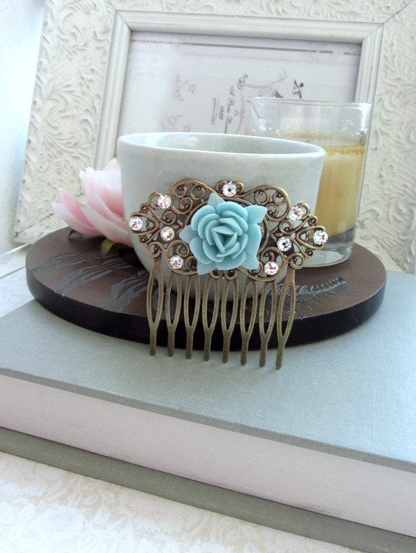 A Blue Rose Flower, Swarovski Clear Crystals Art Nouveau Antiqued Brass Filigree Hair Comb. Blue Statement Comb. Bridesmaids Hair Accessory.