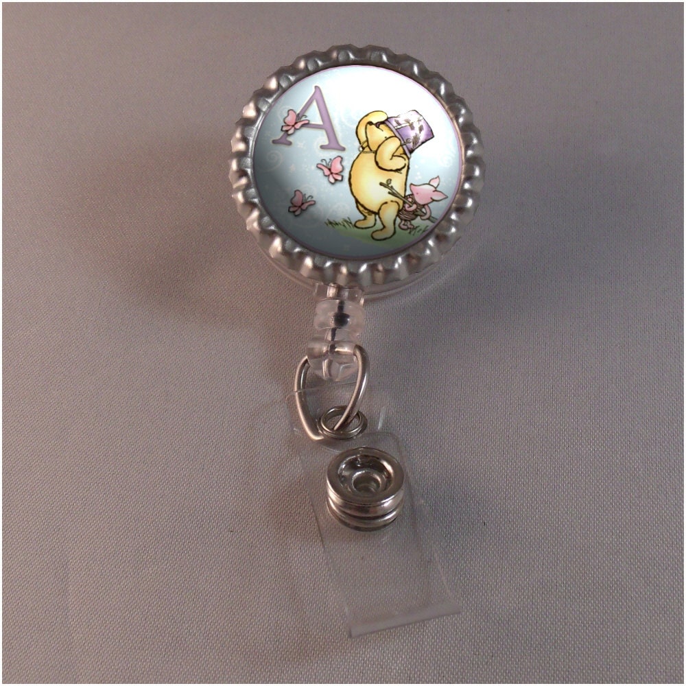 Personalized Pooh and Piglet Retractable Bottle Cap Badge Reel ID Clip - Great Way to Display Your Badge