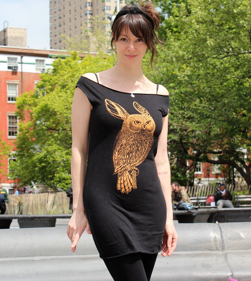 Rowl Rabbit Owl tshirt dress - eco-friendly copper ink screenprint on black cotton  - womens sizes S, M, L