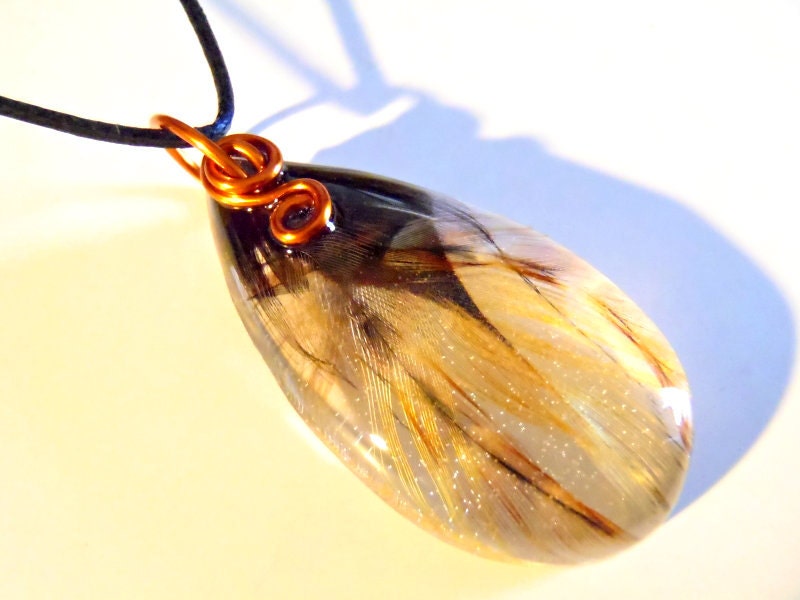 Rooster Feathers Cruelty Free Nature Pendant Boho Necklace Bohemian Jewelry Teardrop Resin Golden Yellow  Black Earth Bird  Colorful Amber